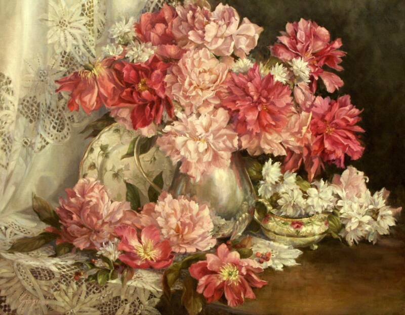 Silver Lace and Peonies